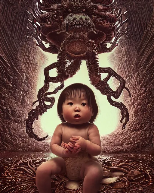 Image similar to portrait of a baby with six arms, monster, intricate artwork. by Tooth Wu, wlop, beeple, dan mumford. mulholland drive by david lynch, dune by david lynch, octane render, trending on artstation, greg rutkowski very coherent symmetrical artwork. cinematic, hyper realism, high detail, octane render, 8k, iridescent accents