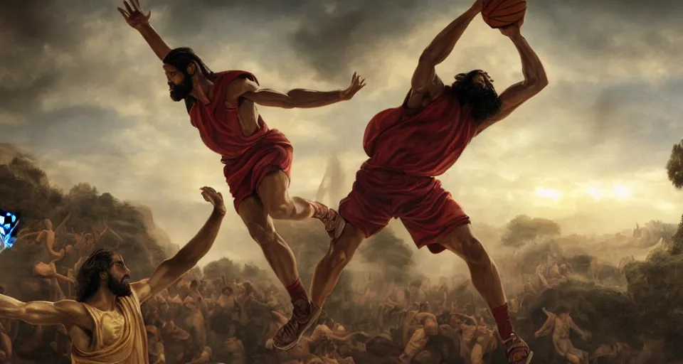 Prompt: biblical scene of jesus dunking a basketball versus satan, michaelangelo, matte painting, concept art, 4 k