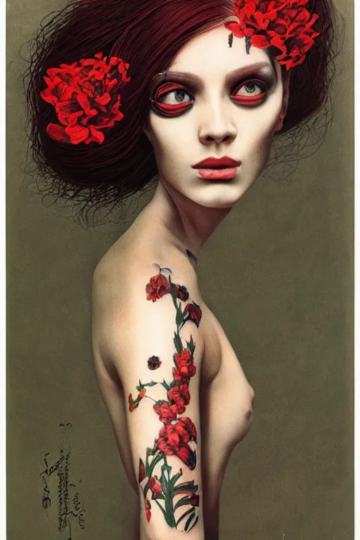 Image similar to portrait of a woman, with long red hair, tattooed face, with black flowers, realistic, by zdzisław beksiński