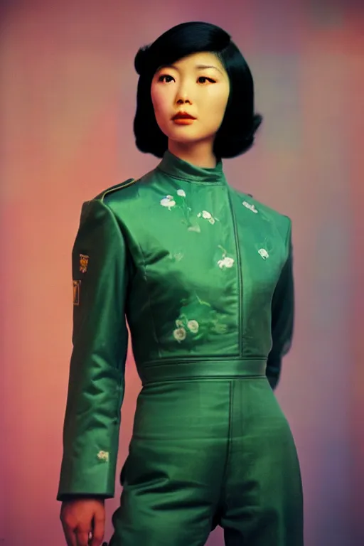 Prompt: ektachrome, 3 5 mm, highly detailed : incredibly realistic, youthful asian demure, perfect features, feminine cut, beautiful three point perspective extreme closeup 3 / 4 portrait photo in style of chiaroscuro style 1 9 7 0 s frontiers in flight suit cosplay vogue fashion edition, nick night, show studio