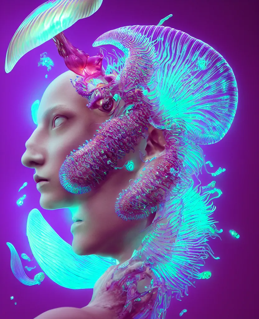 Image similar to goddess close-up portrait. dichroic orchid jellyfish phoenix head, nautilus, skull, betta fish, bioluminiscent creatures, intricate artwork by Tooth Wu and wlop and beeple. octane render, trending on artstation, greg rutkowski very coherent symmetrical artwork. cinematic, hyper realism, high detail, octane render, 8k