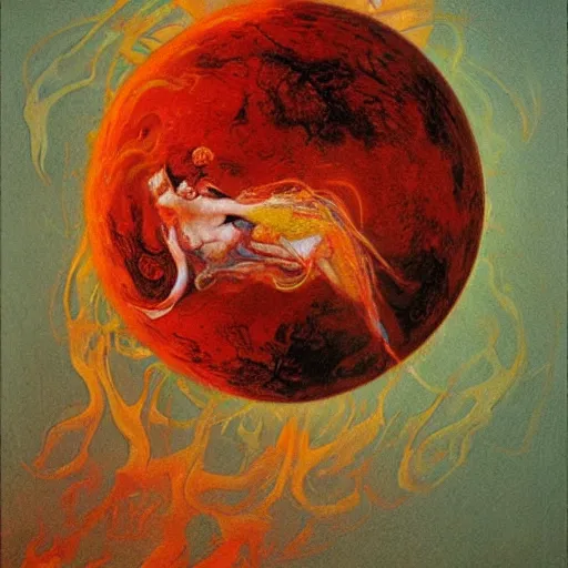 Image similar to a sphere being devoured by abstract splatters of paint in the style of francis bacon, venus being engulfed in flames in the style of james jean, surreal, beksinski, high detailed