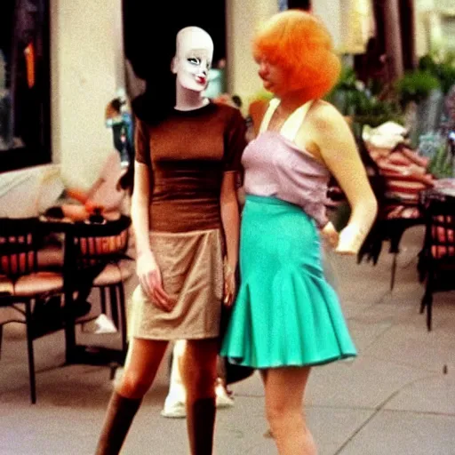 Image similar to 1981 color archival photo of a glamorous woman in a dress, and her friend, who looks like Casper the Friendly Ghost, in a sidewalk cafe, 16mm film soft color, earth tones and soft color 1981, live-action archival footage, in style of doris wishman russ meyer, woman looks like young mia farrow