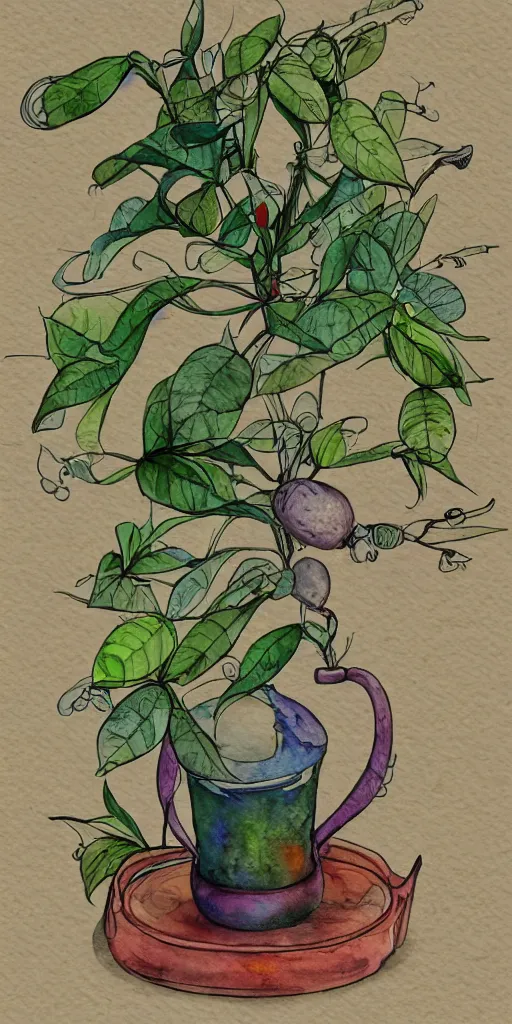 Image similar to water color and pen, high resolution, detailed, trending on artstation, surreal alien tea plant