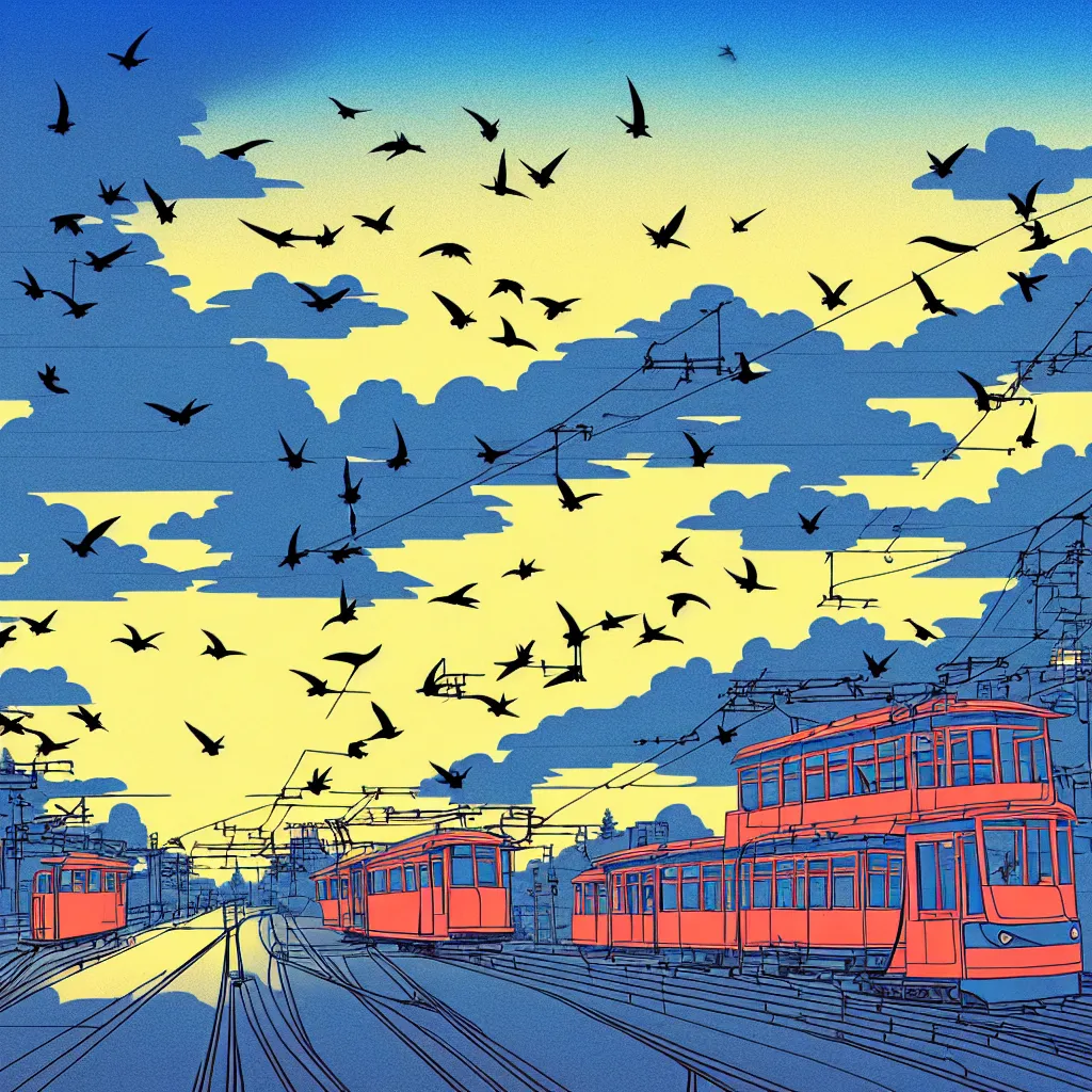 Image similar to japanese countryside landscape, tram, sunset, birds flying in the sky, hand drawn anime style