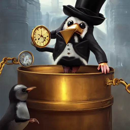 Image similar to oil painting of grumpy rich steampunk penguin, wearing top hat, holding gold watch, steampunk factory background, hamster running in the background, sharp focus, fantasy style, octane render, volumetric lighting, 8k high definition, by greg rutkowski, highly detailed, trending on art Station, magic the gathering artwork, centered