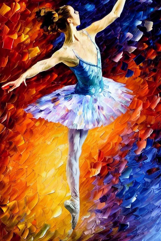 Prompt: palette knife oil painting of a leaping ballerina dancer, extreme detail, style by leonid afremov and degas, artstation, artgerm, deviant art, octane, substance, art history