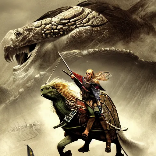 Prompt: the rohirrim riding into battle on giant turtles at minas tirith, trending on artstation