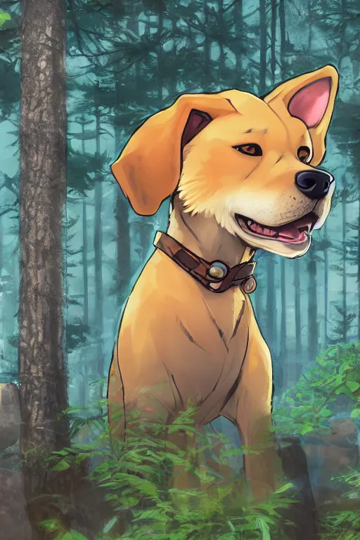 Image similar to stylized close up character portrait icon of the anthro anthropomorphic jindo dog trader head animal person fursona wearing clothes standing in the bright forest, hidari, color page, tankoban, 4 k, tone mapping, akihiko yoshida