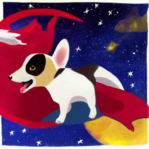 Prompt: corgi with [ angelic wings ]!!, [ flying like a superhero ]!! in the [ night sky ]!! where the stars are visibly perceptible, [ illustration via a child ]!!