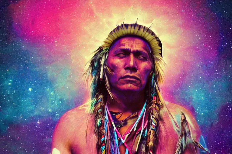 Image similar to photograph of a spiritual native american man looking up at the stars, art, universe, blender, pastel colors, synthwave, retro, cyberpunk,