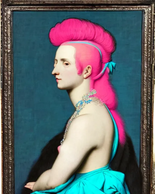 Image similar to woman with pink hair, wearing a neon blue dress by Vivienne Westwood, intricate details, masterpiece, in the style of Jean Auguste Dominique Ingres, black background