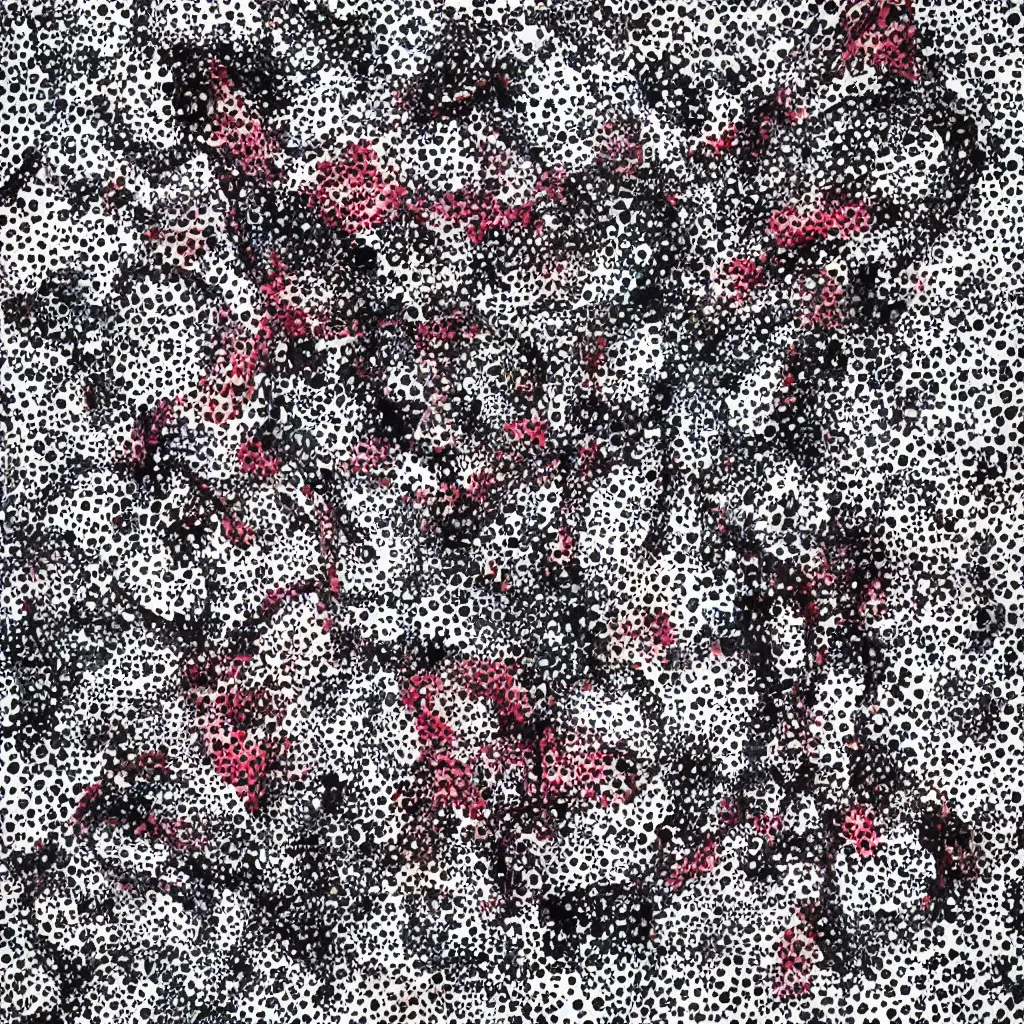 Prompt: camo made of hearts, smiling, abstract, rei kawakubo artwork, cryptic, dots, stipple, lines, splotch, color tearing, pitch bending, color splotches, dark, ominous, eerie, minimal, points, technical, old painting