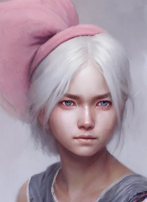 Image similar to girl with shoulder length white hair, rice farmer, beautiful highly detailed face, light freckles, pink pupils, beautiful painting by artgerm and greg rutkowski and raymond swanland