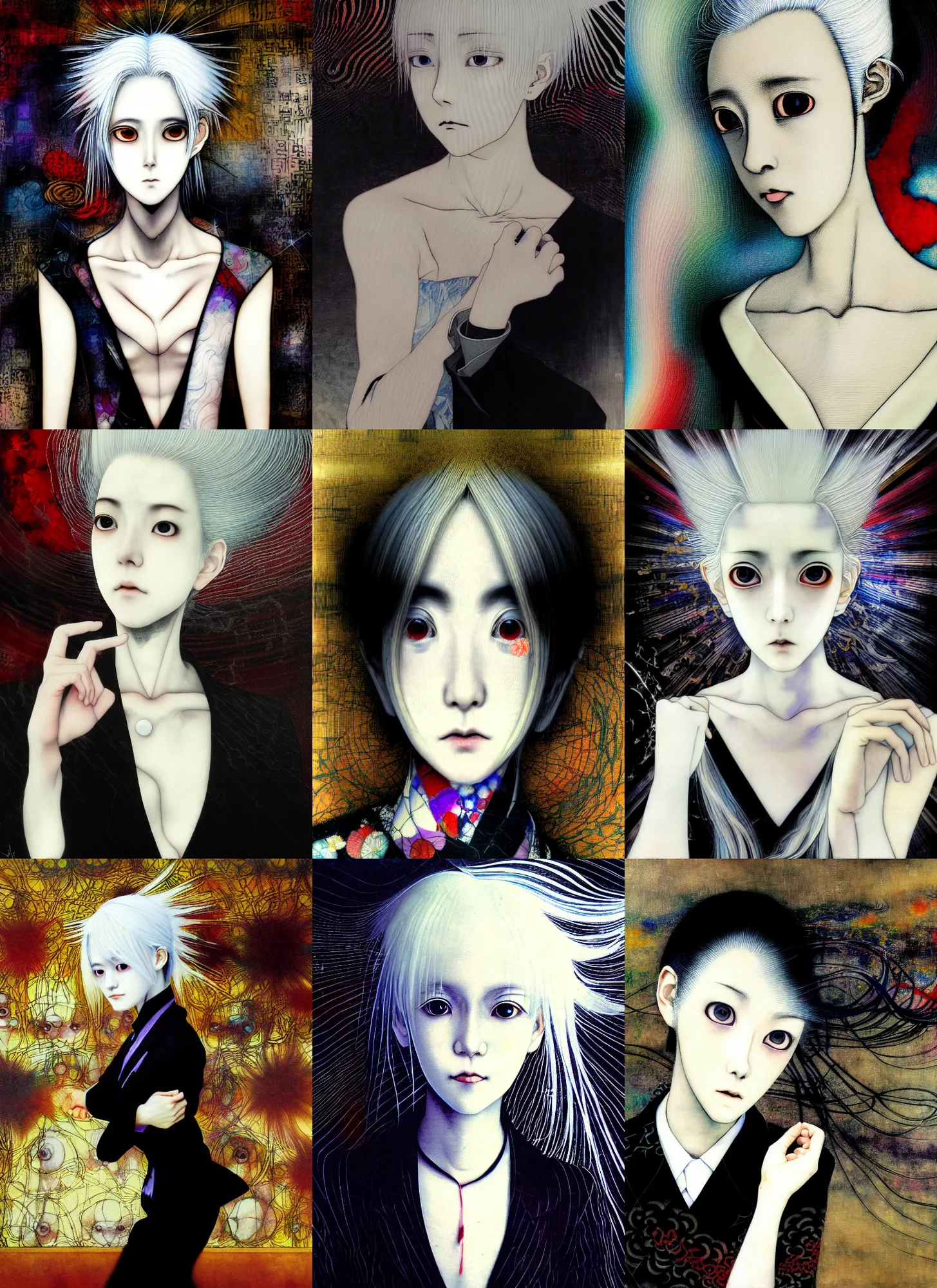 Prompt: yoshitaka amano blurred and dreamy realistic three quarter angle portrait of a young woman with white hair and black eyes wearing dress suit with tie, junji ito abstract patterns in the background, satoshi kon anime, noisy film grain effect, highly detailed, renaissance oil painting, weird portrait angle, blurred lost edges