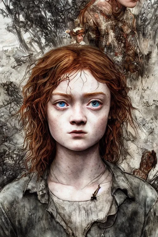 Image similar to sadie sink as ellie in the last of us, dirt, fashion, fantasy, art by ayami kojima, vasnetsov, cedric peyravernay