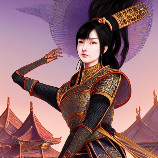 Image similar to portrait black hair young knights of Dynasty Warriors girl, rose golden color armor, in ruin chinese palace rooftop sunrise, ssci-fi and fantasy, intricate and very beautiful and elegant, highly detailed, digital painting, soft light, artstation, concept art, smooth and sharp focus, illustration, art by tian zi and WLOP and alphonse mucha