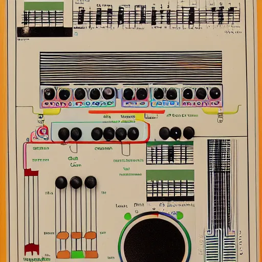 Prompt: Synthesiser designed by Paul laffoley, high detail photo