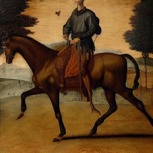 Prompt: never seen painting of a 2 1 savage on a horse by leonardo da vinci