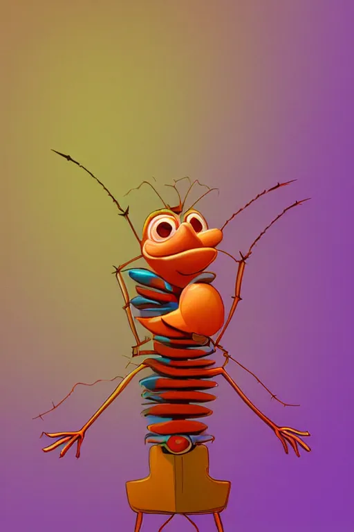 Prompt: colorful full body shot of an anthropomorphic cockroach wearing a suit, with long thin antennae, trending on artstation, trending on deviantart ,cinematic backlighting, 8k, symmetrical, correct proportions, hyper detail illustration by walt disney, vibrant colors, by tim burton, orange lights, pink shadows