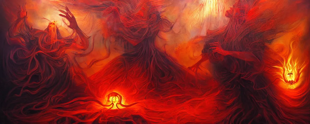 Image similar to personified emotion and thought creatures repressed in the depths unconscious of the psyche lead by baba yaga, about to rip through and escape in a extraordinary revolution, dramatic fiery lighting, surreal painting by ronny khalil