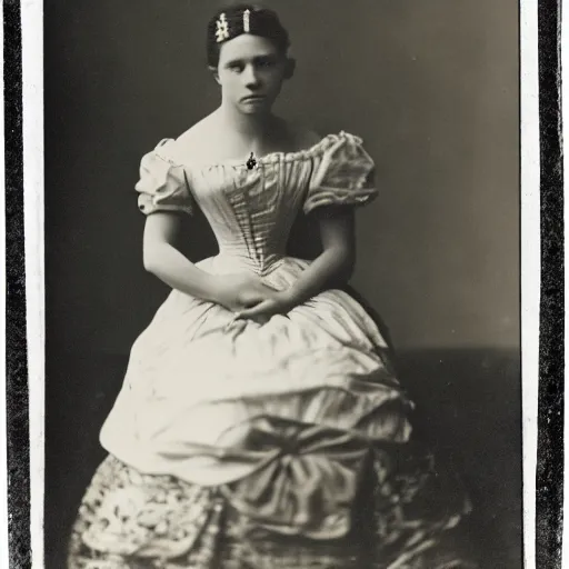 Prompt: clear photography of a beautiful princess sitting down, circa 1 8 6 3