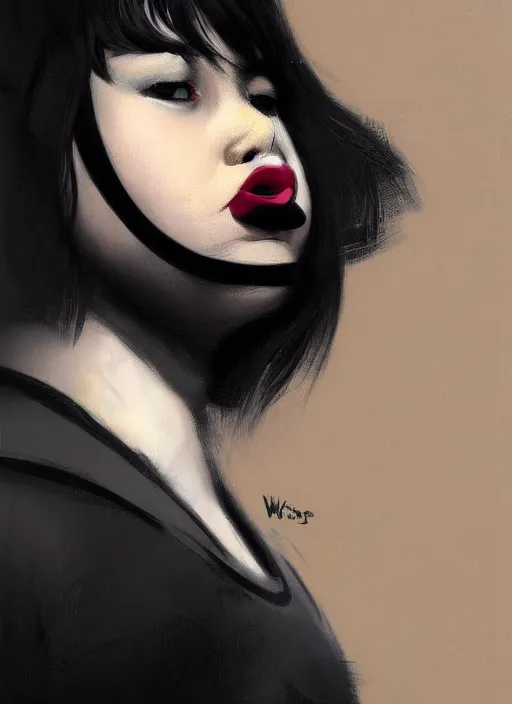 Image similar to portrait of a plump teenager with a crooked nose and a confident expression, 1 9 6 0 s, black clothes, goth, punk, brightly coloured hair, funk, intricate, elegant, highly detailed, digital painting, artstation, concept art, smooth, sharp focus, illustration, art by wlop, mars ravelo and greg rutkowski