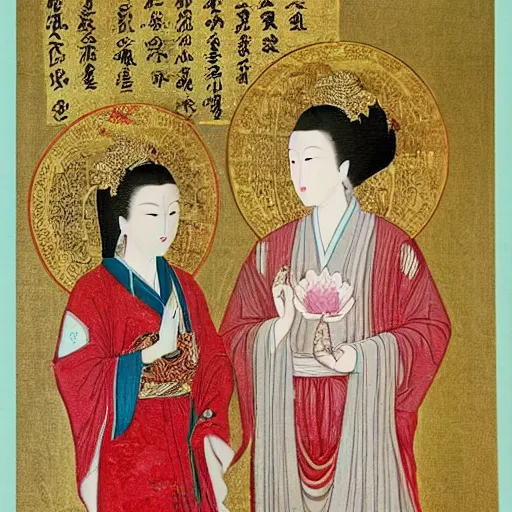 Image similar to portrait of 2 different asian looking girls close up one look away one is holding lotus flower in iconography style theophanes the greek glitter chinese ornament dress swan