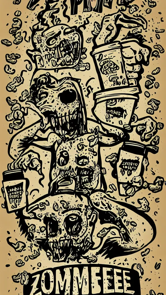 Image similar to zombie coffee logo by mcbess, full colour print, coffee advert