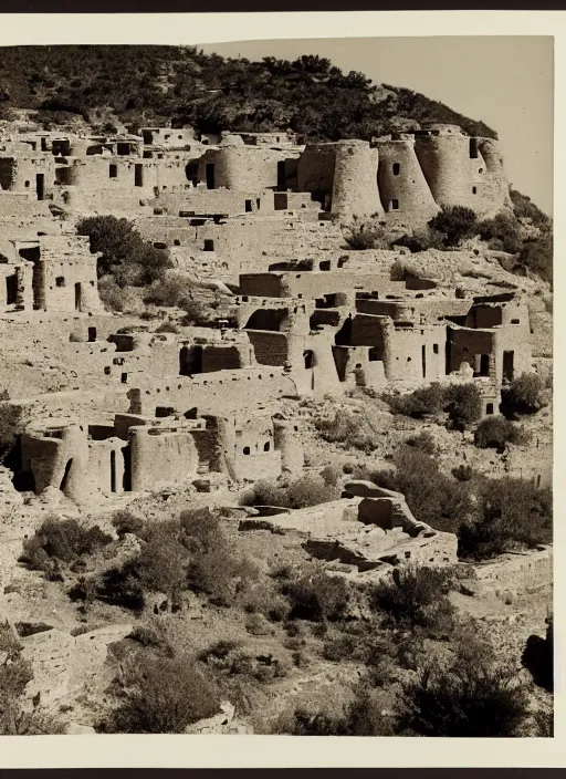 Prompt: Photograph of ancient pueblo ruins in a canyon, showing terraced gardens and lush desert vegetation in the foreground, albumen silver print by Timothy H. O'Sullivan.