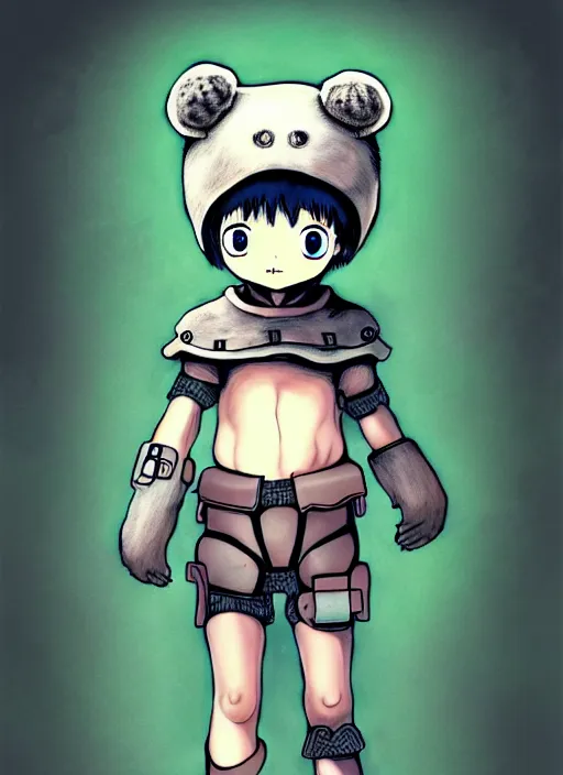 Image similar to beautiful little boy wearing an cyborg bear suit, artwork in kentaro miura and made in abyss and rosdraws, smooth, beautiful lightness, anatomically correct, trending on pixiv, forest