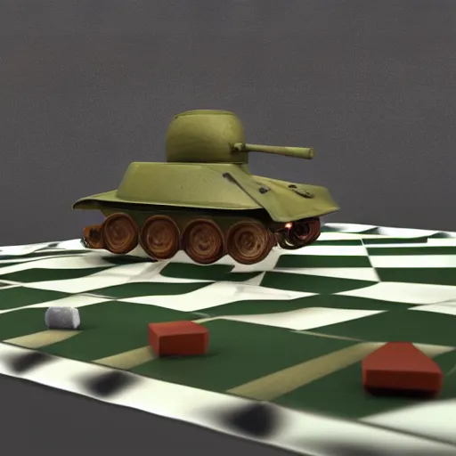 Image similar to 3d render of miniature tank driving over chessboard