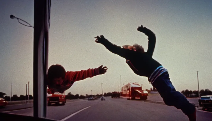 Prompt: 7 0 s film still from a horror movie about a boy flying above the interstate highway, kodachrome, cinecolor, cinestill, film grain, film texture, retro, cinematic, high resolution, photorealism,
