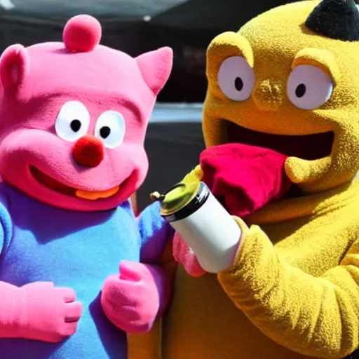 Image similar to a Bruised and sad Teletubby with a bloody nose, standing next to a laughing Teletubby holding a beer