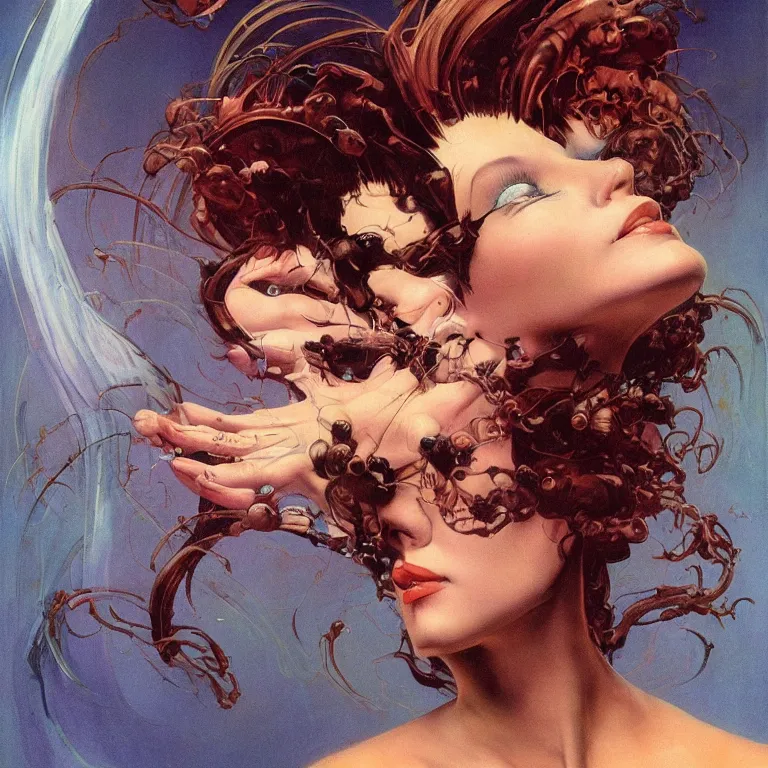 Prompt: portrait of a woman with ( ( ( ( ( swirling ) ) ) ) ) hair and fractal skin by frank frazetta, retrofuturism, psychedelic art reimagined by industrial light and magic