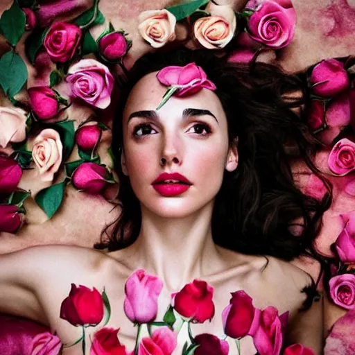 Image similar to fine art photo of the beauty gal gadot, she is on the floor and merging from pink roses, taken by oleg oprisco