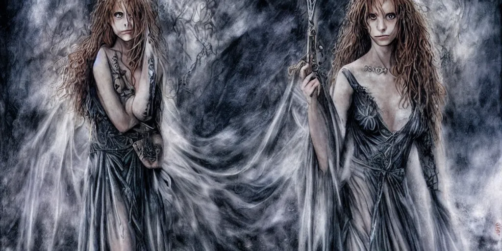 Image similar to dressed Hermione in tattoos conjuring with a magic wand, by luis royo, beautiful gown, beautiful eyes, Beautiful face, by Aggi Erguna, high detail, high resolution, art from harry potter