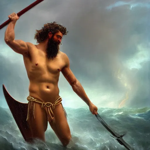 Prompt: poseidon standing at center frame holding a trident, with his back turned to the camera, a storm ahead, high res, oil painting, realistic, water, greek god, epic composition, masterpiece, award winning, low exposure