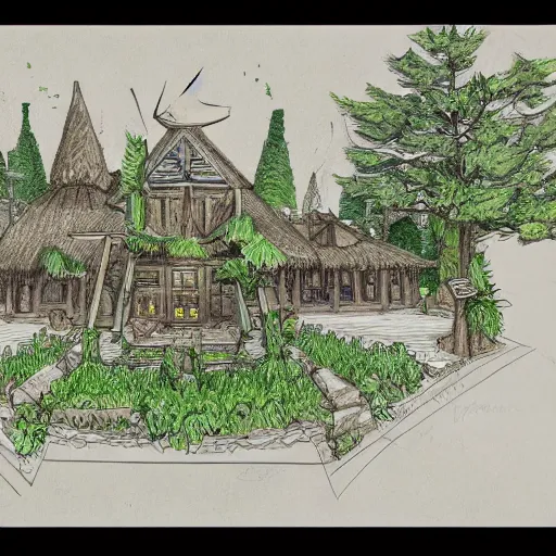 Image similar to annotated highly, detailed and intricate, sketch of a lodge full of green plants, marker concept art style rendering, concept art, half blueprint, trending on artstation, intricate details, center frame, annotations