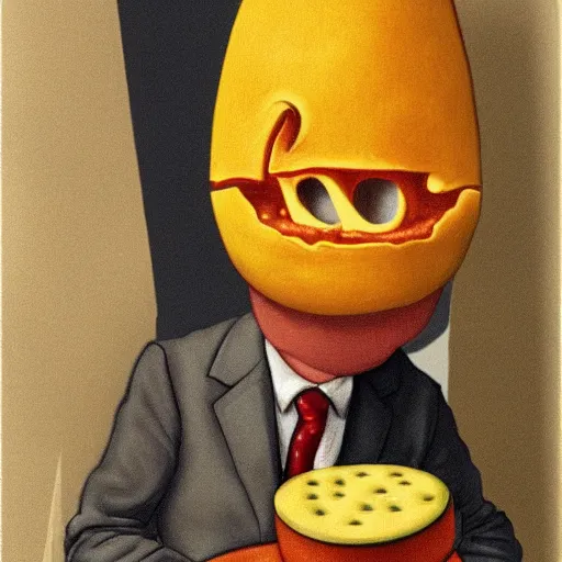 Image similar to anthropomorphic cheese wedge, man with cheese for a head, cheese wedge man. man is similar to a golem of cheese. This man is made COMPLETELY of cheese!