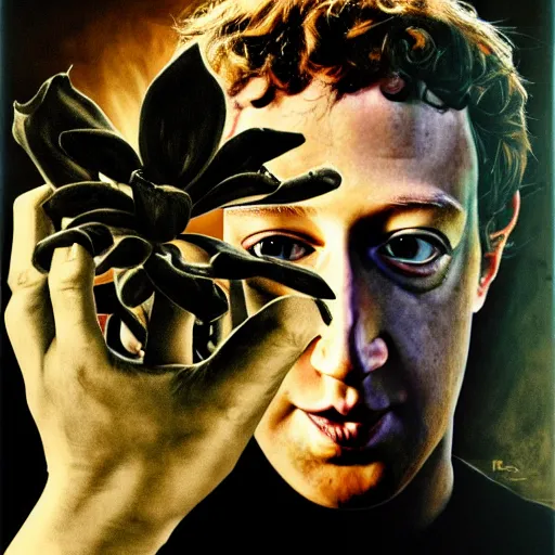 Image similar to mark zuckerberg holding a flower by h.r. giger, horror,