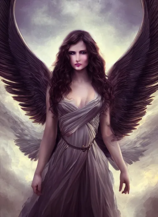 Prompt: a beautiful woman archangel big wings, full body, 8 k, hyperrealistic, hyperdetailed, beautiful face, long hair, dark fantasy, fantasy portrait by laura sava