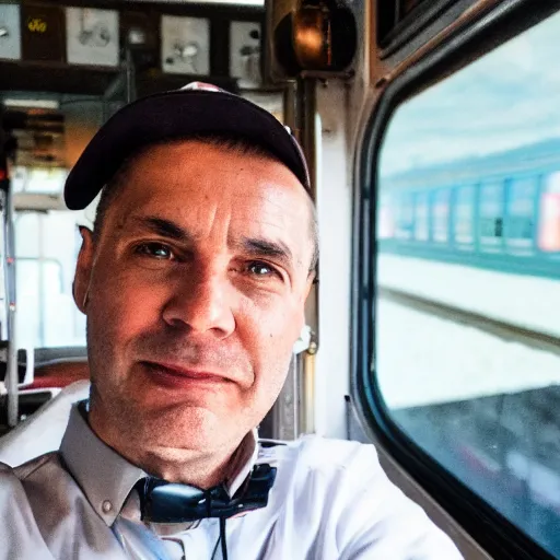 Prompt: a train driver taking a selfie, cinematic, 8K