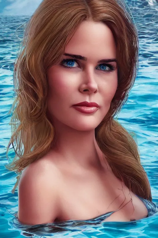 Prompt: mix of beautiful young maria shriver, mariel hemmingway, brooke shields, nicole kidman and elle macpherson as an underwater mermaid, thin lips, hair tied up in a pony tail, dark blonde hair, colorful, artstation, cgsociety