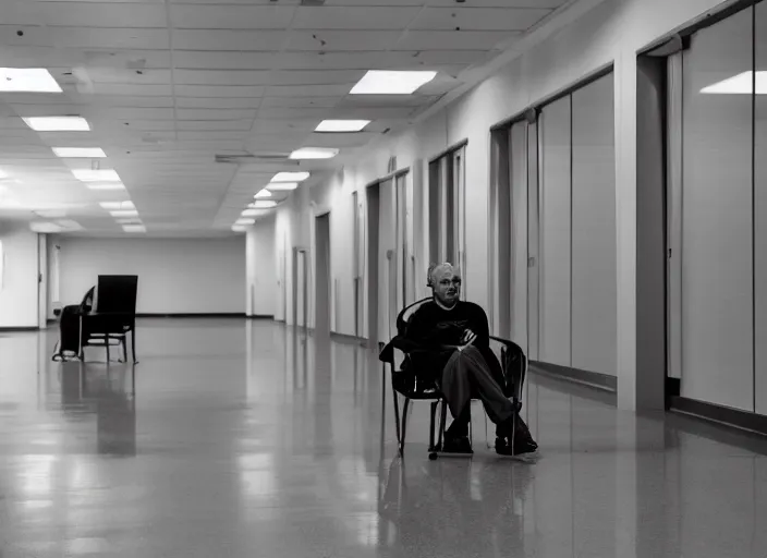 Image similar to a man sitting in a chair in the middle of an empty school hallway