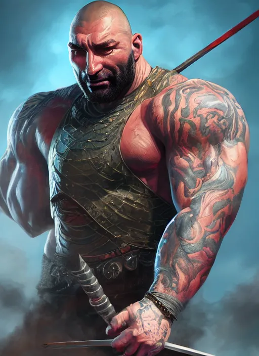 Prompt: A fantasy comic book style portrait painting of Dave Bautista as a archer, unreal 5, DAZ, hyperrealistic, octane render, RPG portrait, dynamic lighting