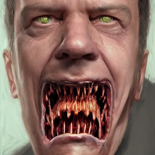 Image similar to a portrait of dmitry medvedev, flesh eating worms, macabre, horror saw teeth, horror rotten teeth, by donato giancola and greg rutkowski and wayne barlow and zdzisław beksinski, realistic face, visible face, digital art, artstation, symmetry