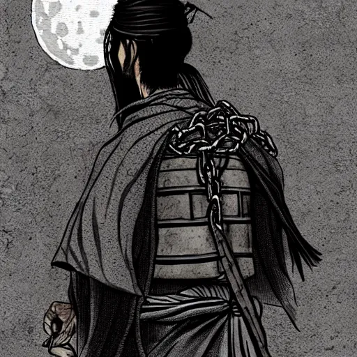 Image similar to A PORTRAIT FROM BEHIND OF A SAMURAI MAN VAGABOND WITH A MOON BEHIND HIM ,THE SAMURAI IS WRAPPED IN CHAINS ,detailed, concept art, ink style , sketch