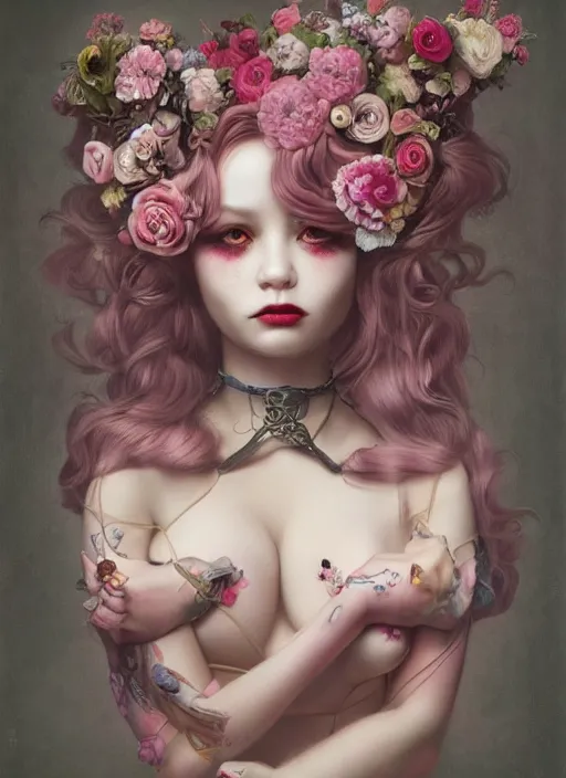 Prompt: pop surrealism, lowbrow art, realistic seductive cute woman painting, pink body harness, long hair, japanese shibari with flowers, hyper realism, muted colours, rococo, natalie shau, loreta lux, tom bagshaw, mark ryden, trevor brown style,