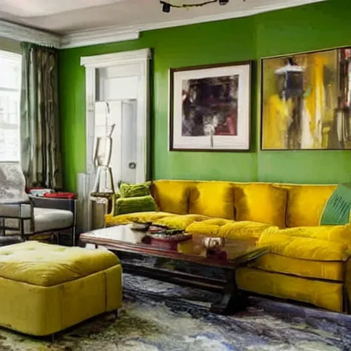 Image similar to a modern living room with green sofa, red carpet and yellow table, painting by jeremy mann